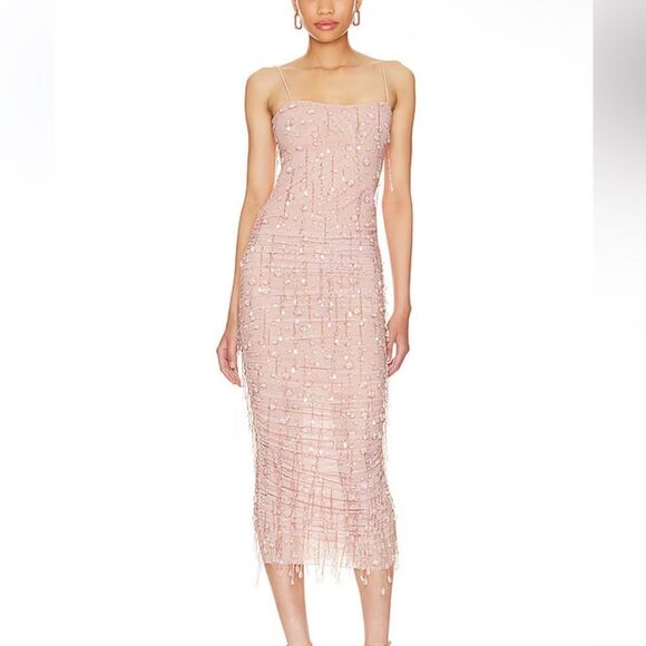 h:ours Constanza Midi Dress Water Droplets Pink Beaded Dress bodycon Revolve Xl - Picture 1 of 11